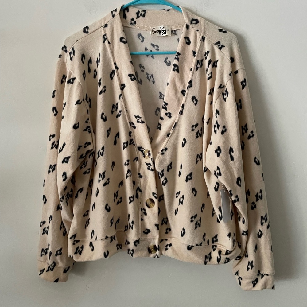 Somewhere WEST long sleeve button up sweatshirt. Ladies Cream with animal print